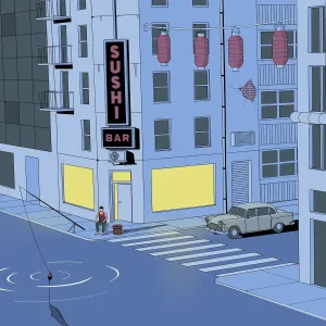 Illustration of a street intersection in Tokyo, with a man fishing in the road.. Illustration by Arne Höpfner, Whimsical, Conceptual, Fantasy, 