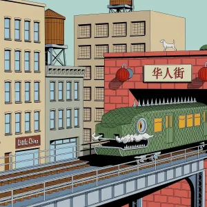 Illustration of Chinatown with a elevated train that looks like a dragon.. Illustration by Arne Höpfner, Whimsical, 