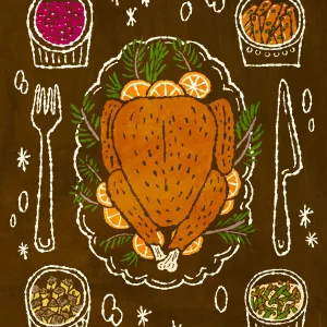 Charming illustration of a Thanksgiving meal with a turkey and four sides. Illustration by Shirley Marion, Decorative, Food & Beverage, Whimsical, 