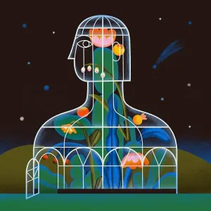 Graphic illustration of a bunch of flowers inside a greenhouse shaped like a person.. Illustration by Tania Yakunova, Conceptual, Whimsical, 