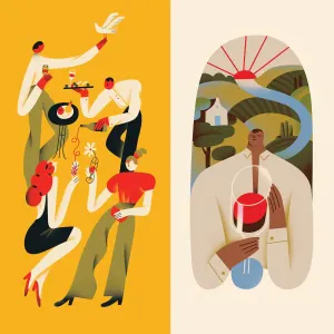 Illustrations of people drinking wine at a party and of a man holding a glass of wine outside.. Illustration by Tania Yakunova, Lifestyle, Food & Beverage, Whimsical, 