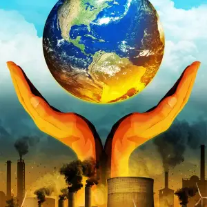 Illustration of a pair of hands coming out of a bunch of smoke stacks, while the earth hovers above.. Illustration by Taylor Callery, Conceptual, 