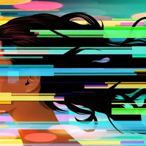 Colorful illustration of a woman in profile with flowing hair, but her face is obscured by colorful glitches.. Illustration by Taylor Callery, Conceptual, Figurative, 