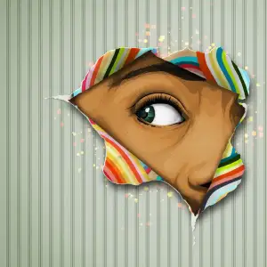 Trompe-l'œil illustration of a gray-striped piece of paper that is torn open and a person’s face peering through.. Illustration by Taylor Callery, Conceptual, Whimsical, 