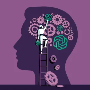 Graphic illustration of a robot that is replacing cogs that are on the profile of a person's brain.. Illustration by Beth Goody, Conceptual, 