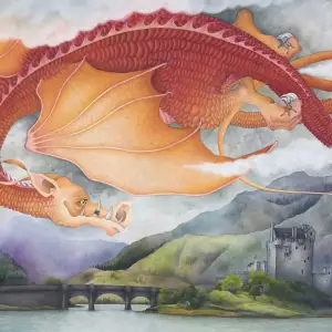 Illustration of a red dragon flying over an old castle.. Illustration by Kate Leiper, Fantasy, Whimsical, Children, 