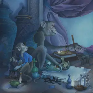 Illustration of two monkeys, one of whom is using a pen nib to write.. Illustration by Kate Leiper, Whimsical, Fantasy, Children, 