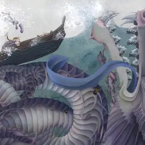 Illustration of mythic creature, Jormungundr. Illustration by Kate Leiper, Fantasy, Children, 