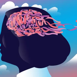 Illustration of a woman with ribbons where her brain would be and some of the ribbons are being blown away.. Illustration by Neil Webb, Conceptual, 
