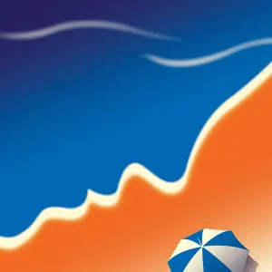 Illustration of a beach with an umbrella in the sand, but the shape of the water is a profile of a face.. Illustration by Neil Webb, Conceptual, 