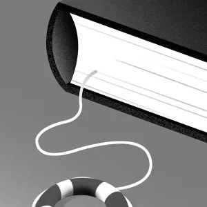 Black-and-white illustration of a book with a bookmark hanging out that is attached to an inflatable lifesaver.. Illustration by Neil Webb, Conceptual, 