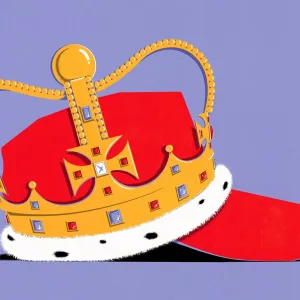 Graphic illustration of a red baseball cap that has a royal crown around it.. Illustration by Dan Bejar, Conceptual, 