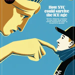 Graphic illustration of the Statue of Liberty bending down and pulling the mask off an ICE agent.. Illustration by Dan Bejar, Conceptual, 