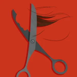 Illustration of a pair of shears, with pieces of cut hair, and a woman's profile is cut from the edge of the shear.. Illustration by Ester Zirilli, Conceptual, 