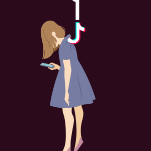 Graphic illustration of a young woman looking at her phone, but a hook made out of the TikTok logo, has grabbed her by the collar and she is hanging aloft.. Illustration by Ester Zirilli, Conceptual, 