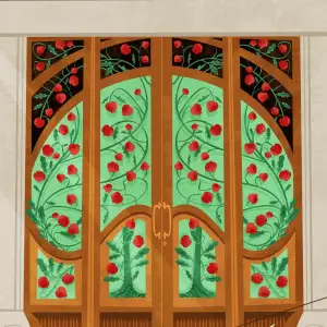 Illustration of an elaborate set of doors decorated with pomegranates and a dog walking on the sidewalk is sniffing at an actual pomegranate on the ground.. Illustration by Ester Zirilli, Lifestyle, Whimsical, 