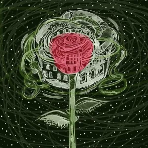 Decorative illustration of a rose with a house overlaying the flower.. Illustration by Anson Liaw, Decorative, 