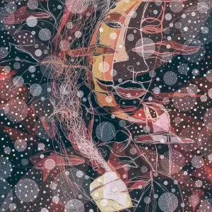 Highly decorative illustration of person holding a coffee cup, with the moon above.. Illustration by Anson Liaw, Whimsical, Decorative, Fantasy, 