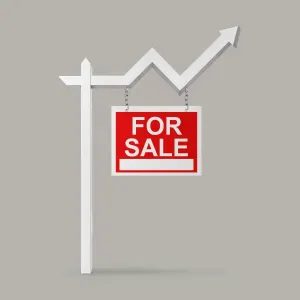Illustration of a for sale sign, with the cross-post shaped like an up arrow.. Illustration by Mariaelena Caputi, Conceptual, 