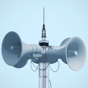 Illustration of a PA system made out of bullhorns and the post is a syringe/. Illustration by Mariaelena Caputi, Conceptual, 