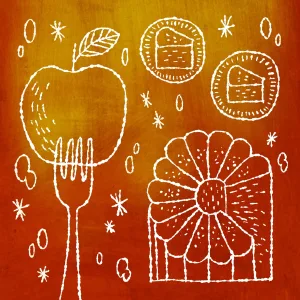 Whimsical illustration of apple cider cake. Illustration by Shirley Marion, Decorative, Whimsical, Food & Beverage, 