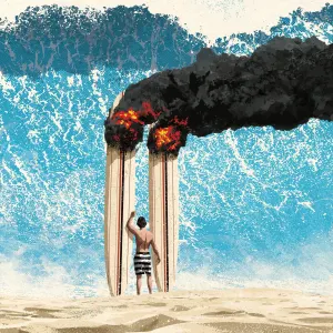 Illustration of a beach with a giant wave that is crashing in, and there is a surfer standing between two surfboards, propped into the sand, that are on fire.. Illustration by Mark Smith, Conceptual, 