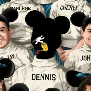 Illustration of a group of Mouseketeers with one face empty and just a hint of Mickey Mouse walking through the void.. Illustration by Mark Smith, Conceptual, Figurative, 