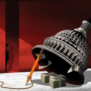 Illustration of the Capitol dome, propped up with a pencil and stacks of money placed beneath it; in the background, a profile of Trump is lurking in the shadows.. Illustration by Taylor Callery, Conceptual, 