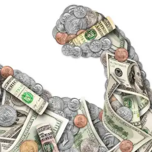 Illustration of a bunch of American dollar bills and coins that are shaped like an arm flexing.. Illustration by Mariaelena Caputi, Conceptual, 