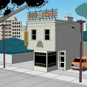 Illustration of a gun shop storefront that resembles a skull. Illustration by Arne Höpfner, Conceptual, 