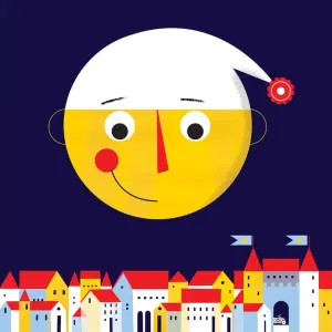 Graphic illustration of a large moon wearing a night cap overlooking a city. Illustration by Julien Chung, Children, Whimsical, Fantasy, 