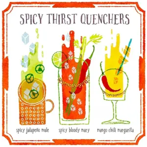 Illustration with the title “Spicy Thirst Quenchers,” showcasing of 3 different drinks including Spicy Jalapeño Mule, Spicy Bloody Mary, and Mango Chili Margarita. Illustration by Shirley Marion, Food & Beverage, Whimsical, Lifestyle, Decorative, 