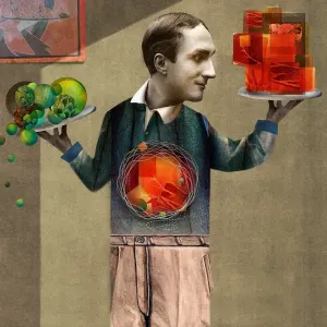 Collaged illustration of a man holding two plates with food on them and his stomach is glowing red.. Illustration by Charlie Padgett, Conceptual, Lifestyle, Food & Beverage, 