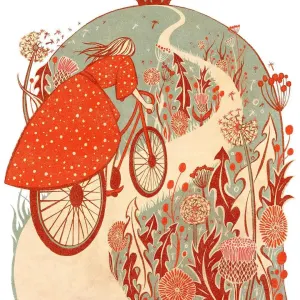 Whimsical illustration of a woman in a red dress biking through wild flowers up a winding road.. Illustration by Sue Gent, Decorative, Whimsical, Nature, Figurative, Lifestyle, 