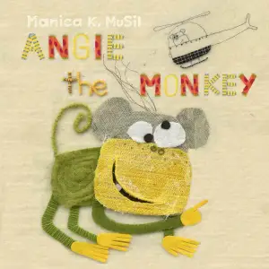 Embroidered illustration of the children's book <i>Angie the Monkey</i>; with a goofy, cross-eyed monkey, pointing at a helicopter in the sky.. Illustration by Manica K. Musil, Children, Whimsical, 