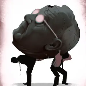 Illustration of two men in suits, trying to hold up a massive head, with cracks in it. Illustration by Jay Torres, Conceptual, Figurative, 