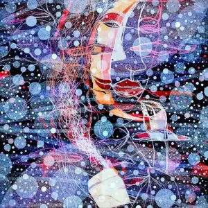Highly decorative illustration of person holding a coffee cup, with the moon above.. Illustration by Anson Liaw, Whimsical, Decorative, Fantasy, 