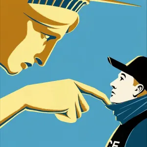 Graphic illustration of the Statue of Liberty bending down and pulling the mask off an ICE agent.. Illustration by Dan Bejar, Conceptual, 