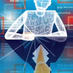 Illustration of a robotic person writing on a table, and the table’s reflection is a woman in a suit.. Illustration by Neil Webb, Business, Conceptual, Figurative, 