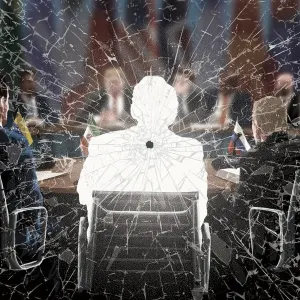 Illustration of a group of government officials sitting at a table, behind a panel of glass that is shattered by a bullet, one of them is erased. Illustration by Mark Smith, Conceptual, Figurative, 