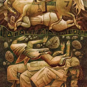 Illustration of a man sleeping underneath a horse at the base of a volcano and then beneath the ground there is a man among glames with a wolf.. Illustration by Sara Tyson, Figurative, Decorative, 