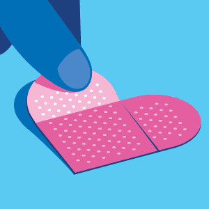 Illustration of a hand place a piece of bandaid next to other pieces of a bandaid, so it creates the shape of a heart.. Illustration by Beth Goody, Conceptual, 