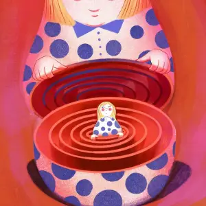 Illustration of a large nesting doll, holding itself open showing a smaller nesting doll. Illustration by Luisa Jung, Conceptual, Whimsical, 