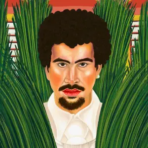Illustration of singer Bad Bunny looking directly at the viewer through large swaths of grass.. Illustration by Alison Berkey, Portrait, Figurative, 
