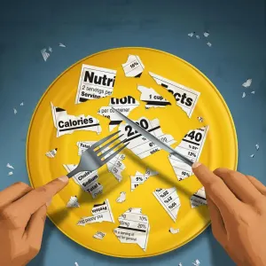 Illustration of a yellow dinner plat with cut up bits of a nutritional facts label with a person holding a knife and fork above it.. Illustration by Taylor Callery, Conceptual, 