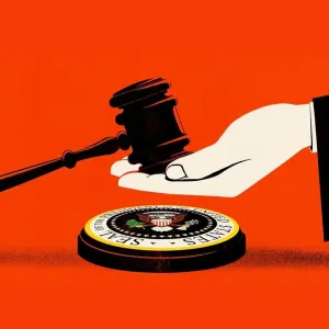 Illustration of a gavel coming down on the seal of the United States, but a hand is held out and stopping it from being hit.. Illustration by Dan Bejar, Conceptual, 