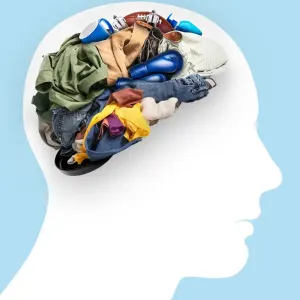 Illustration of a flat profile of a person's head and placed on top is a pile of household items like clothing, dishware, sports equipment.. Illustration by Mariaelena Caputi, Conceptual, Whimsical, 