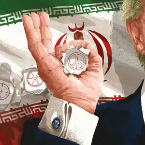 Image of Trump, with his face cut-off, showing his hand making an okay sign with his small fingers. Inside the okay sign is a peace sign, behind a hole of the flag of Iran. Illustration by Mark Smith, Conceptual, Figurative, 
