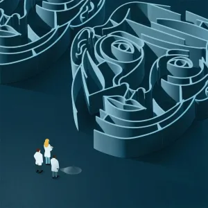 Illustration of three scientists, one armed with a flashlight, in front of them is a giant maze in the shape of a face.. Illustration by Elia Sampò, Conceptual, Figurative, 