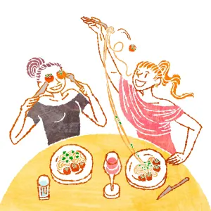 Whimsical illustration of two women playfully eating spaghetti and meatballs.. Illustration by Shirley Marion, Food & Beverage, Figurative, Whimsical, 